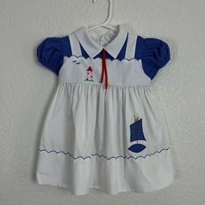 Vintage 80s Sailboat Dress with Hat, Embroidered-  Toddler Girls Size 2T / 3T